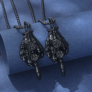 Skeleton Hand Middle Finger Pendant Necklace Stainless Steel Alloy Punk Gothic Black Sweater Chain Unisex Jewelry Gift