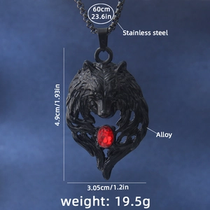 Wolf head pendant necklace in black stainless steel with a red center gemstone, 60cm chain