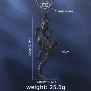 Collana con ciondolo a lucertola nera gotica in acciaio inossidabile e lega, 60 cm