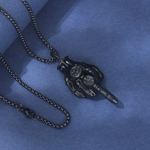 Gothic black skull hand middle finger necklace with number 13 engraving and box chain