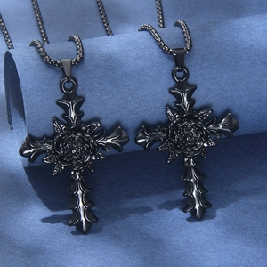 Gothic Retro Rose Cross Necklace For Men Women Stainless Steel Box Chain Alloy Pendant Black Punk Dark Fashion Jewelry Gift