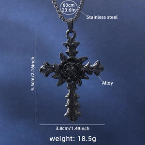 Gothic black rose cross pendant with stainless steel chain necklace for a vintage style
