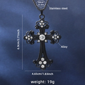 Collana vintage con croce nera con strass bianchi su catena in acciaio inox da 60 cm