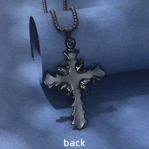 Gothic black stainless steel rose cross necklace with bead chain shown from the back view