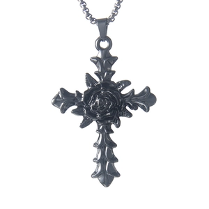 Gothic black rose cross pendant necklace in vintage stainless steel with long link chain