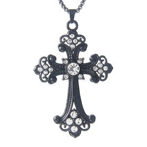 Collana gotica a croce in acciaio inossidabile nero con strass luminosi e catena