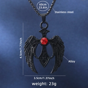 Collier croix gothique ailée avec cristal rouge et chaîne en acier de 60cm