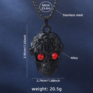 Collier tête de mort en acier inoxydable avec yeux rouges et chaîne noire 60cm