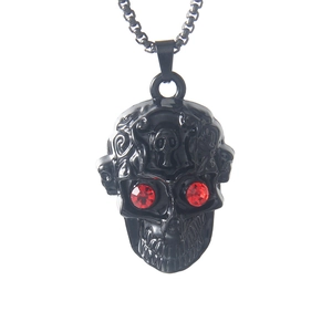 Collier tête de mort en acier inoxydable noir avec yeux en cristal rouge et chaîne box