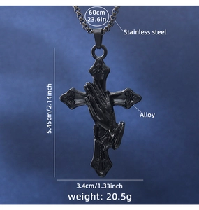 Detailed view of black prayer hands cross pendant with size and material specifications