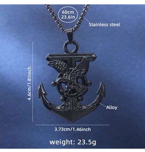 Detail showing vintage hawk anchor pendant size 4.6cm x 3.73cm with a 60cm stainless steel chain