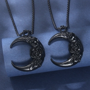 Dark Gothic Black Crescent Moon Rose Pendant Necklace For Women Men Vintage Punk Relief Stainless Steel Chain Jewelry Gift