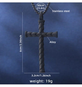 Detailed specs of the black cross pendant with stainless steel chain measuring 60cm