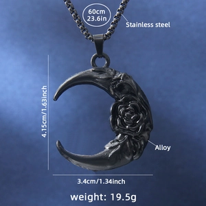 Gothic black crescent moon rose necklace in stainless steel with detailed dimensions