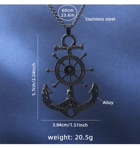 Detail of black alloy nautical anchor and helm pendant with 60cm stainless steel chain