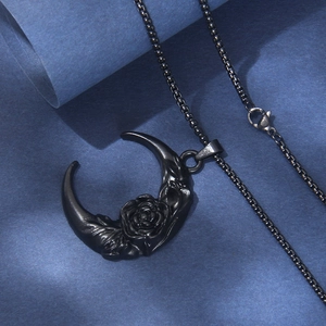 Dark Gothic Crescent Moon and Rose Pendant Necklace with Black Box Chain in Retro Style