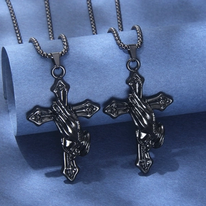 Vintage Black Stainless Steel Praying Hands Cross Pendant Necklace For Men Women Retro Gothic Religious Hip Hop Jewelry