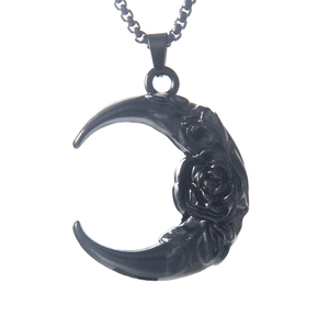 Gothic black crescent moon pendant necklace with detailed rose flower carvings on chain