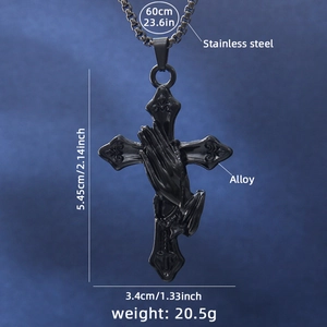 Vintage black stainless steel praying hands cross necklace with detailed dimensions