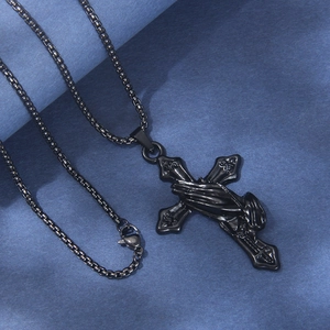 Vintage black stainless steel praying hands cross necklace with a durable box chain