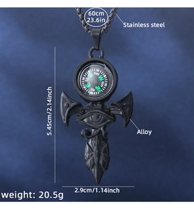 Detailed view of black Eye of Horus compass arrow pendant with size measurements