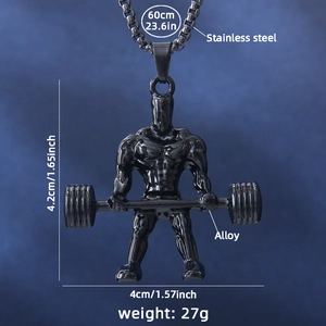 Collier haltère homme musclé en acier noir, pendentif fitness de 60cm pour musculation