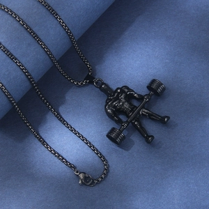Collier en acier inoxydable noir avec pendentif de musculation et motifs d'haltères