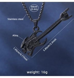 Detail view of black skull guitar pendant with 60cm stainless steel chain and dimensions