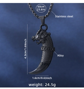 Detail view of black dragon horn pendant with 60cm stainless steel chain and dimensions