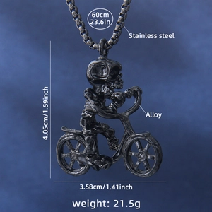 Hip hop vintage skeleton riding bicycle pendant with stainless steel box chain necklace