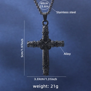 Collier pendentif croix gothique vintage en acier inoxydable noir avec reliefs détaillés