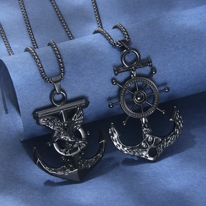 Vintage Hip Hop Black Nautical Anchor Pendant Necklace Stainless Steel Alloy Eagle Helm Pirate Jewelry For Men Women