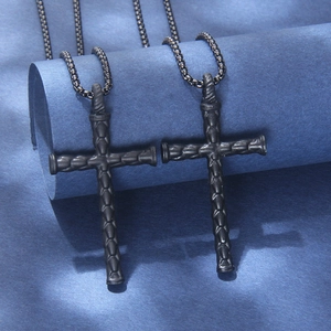 Vintage Black Stainless Steel Cross Pendant Necklace Men Women Gothic Punk Alloy Striped Texture Long Sweater Chain Jewelry