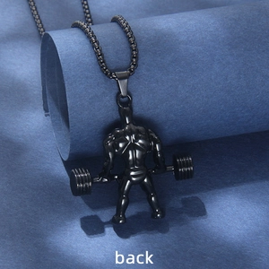 Collier en acier inoxydable noir pour homme avec pendentif d'haltérophile musclé