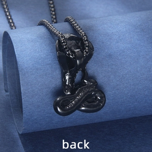 Black mamba cobra pendant necklace in stainless steel with cobra head and box chain detail