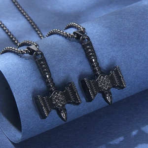 Vintage Thor's Hammer Necklace Men Stainless Steel Mjolnir Pendant With Black Box Chain Nordic Knot Viking Jewelry Gift