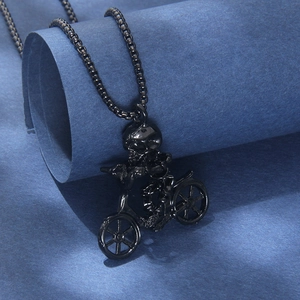 Gothic punk black stainless steel skeleton biker necklace with matte finish long chain