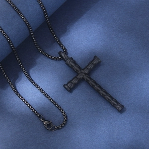 Vintage black stainless steel cross necklace with industrial nail design and ball chain