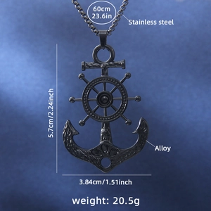 Men's black anchor and helm pendant necklace in stainless steel and alloy, 60cm length