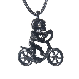 Gothic punk black stainless steel skull cycling pendant on long hip hop chain necklace