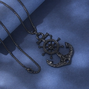 Men's black stainless steel nautical necklace with anchor and ship wheel pendant detail