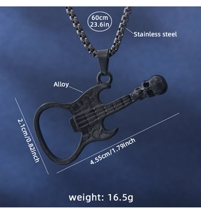 Detail view of rock guitar skull pendant with chain dimensions and weight measurements