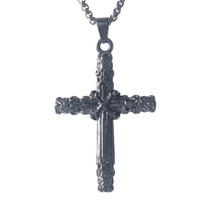 Pendentif croix gothique vintage en acier inoxydable noir avec chaîne pour homme