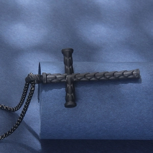 Minimalist black stainless steel cross necklace with woven texture and box chain