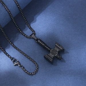 Vintage black stainless steel Mjolnir pendant necklace with Celtic knot engraving for men