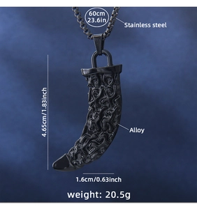 Detailed view of black wolf tooth pendant with 60cm stainless steel chain and dimensions