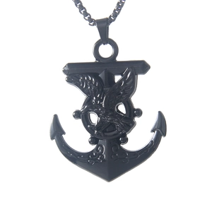 Hip hop black stainless steel eagle anchor pendant necklace with nautical helm design