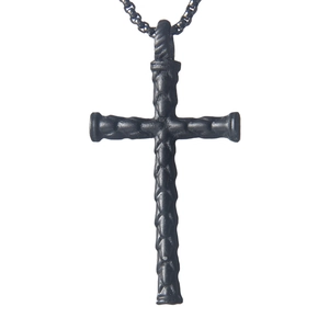 Vintage black stainless steel cross necklace with rugged textured pattern for men
