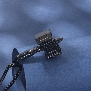 Vintage Thor's Hammer pendant in matte black stainless steel with a beaded chain
