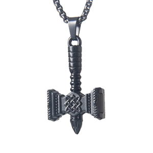 Matte black stainless steel Thor's hammer necklace with intricate Celtic knot patterns